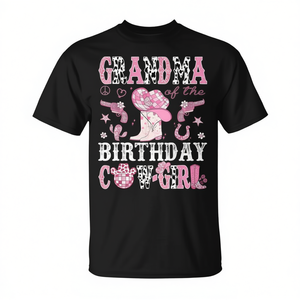 T-shirt rose Western « Grandma Of The Birthday Cow Girl » pour femme adulte, col rond, manches courtes, impression sérigraphique - Product Image 2