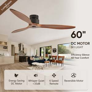 60 Inch Low Profile <b>Ceiling</b> <b>Fan</b> No Light Walnut Solid Wood Blades with <b>Remote</b> <b>Control</b> for Living Room Bedroom - Product Image 1