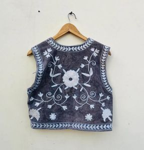 <b>Women's</b> Handcrafted Grey Cotton Sleeveless <b>Vest</b> with <b>White</b> Floral Embroidery Traditional Ethnic Boho Style Winter Jacket - Product Image 2