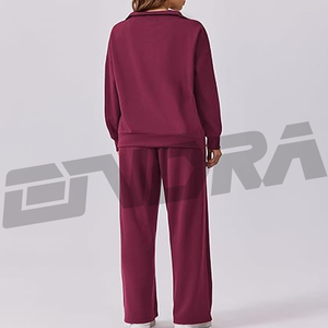 Chándal de mujer color granate con media cremallera, diseño cómodo y ajustado, perfecto para el gimnasio, viajes, ropa de calle, estilo casual para todo el día. - Product Image 2
