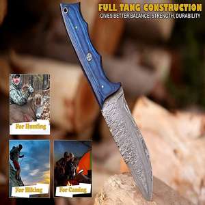 Couteau Skinner de chasse en acier damassé fait à la main avec poignée confortable et étui en cuir - Product Image 3