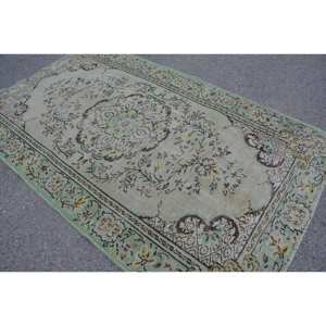 Vintage <b>Turkish</b> <b>Rug</b> Large Area 5.1 X 8.4ft Classic Green Beige Patchwork Design Handmade Wool Latex for Hallway Room Decor - Product Image 4