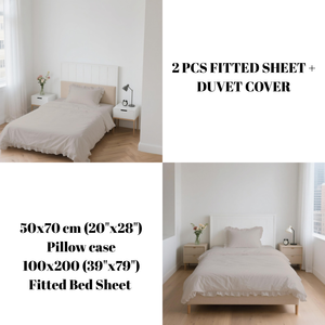 Parure de lit premium en polycoton rayé beige, 3 pièces (housse de couette, drap-housse, taie d'oreiller) avec volants géométriques simples - Product Image 5