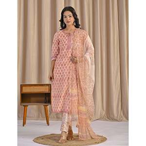 ชุดคุรตะผ้าฝ้ายพิมพ์ลายบล็อกสีครีมสำหรับใส่ทุกวัน แขนสามส่วน พร้อมกางเกง - Product Image 3