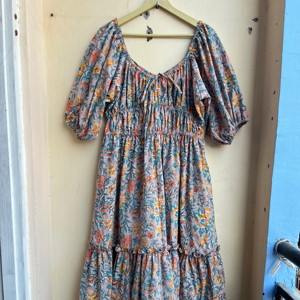 เดรสผ้าคอตตอนมิดิลำลองสำหรับผู้หญิงเดรส100% คอตตอนอินเดียคอเสื้อแต่งพู่ปักลายฤดูร้อน - Product Image 1