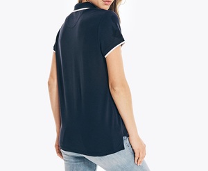 Polo de Manga Corta Azul Marino para Mujer, Color Sólido, Tejido de Punto, Casual, Transpirable, Largo Regular - Product Image 6