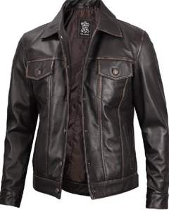 Dark Brown <b>Leather</b> <b>Trucker</b> <b>Jacket</b> <b>Mens</b> - Product Image 1