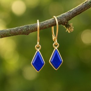 Lapis Lazuli Dangle <b>Earrings</b> In 18k Gold Plating <b>Diamond</b> Cut Leverback <b>Earrings</b> Handmade Gemstone <b>Earrings</b> Gift For Her - Product Image 4