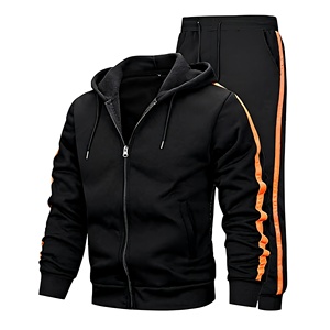 Survêtement à capuche noir pour homme avec bandes latérales orange, fermeture éclair intégrale, décontracté, pour l'automne, coupe classique, en polyester et coton - Product Image 1