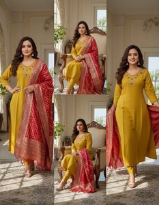 Ropa Étnica Atractiva de Alta Demanda, Kurti de Seda Romana Premium con Trabajo a Mano, Pantalón y Dupatta, Fabricante de Moda Femenina - Product Image 3