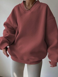 Rose rose surdimensionné femmes col en v sweat lourd coton polaire pull goutte épaule respirant Streetwear à manches longues - Product Image 5