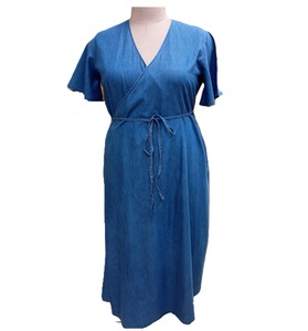 Vestido Casual de Verano para Mujer, de Mezclilla de Algodón, Color Sólido, hasta la Rodilla, Cruzado - Product Image 1