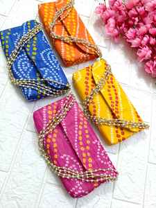 Elegant Bandhani <b>Clutch</b> Purse with Pearl Handle Rajasthani Hand <b>Bags</b> Baby Shower Bridesmaids Jaggo Night Sangeet Ceremony Favors - Product Image 2