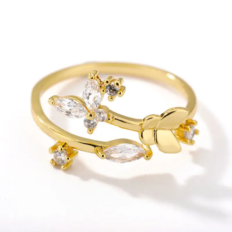 18K Gold Plated Dainty Engagement brass butterfly finger zircon ring