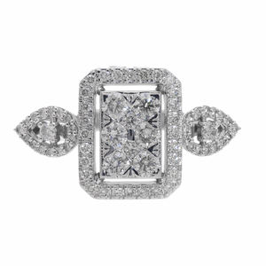 วงแหวนทรงเรขาคณิตสีขาวทอง14K พร้อมภาพลวงตาตัดมรกตและเพชรกลมธรรมชาติประดับด้วยรัศมีและรูปทรงลูกแพร์ - Product Image 5