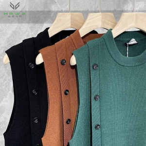 Jersey de punto Vintage de lujo para hombre, chaleco con cuello redondo, botón frontal, Color sólido, ropa de calle informal, camisetas sin mangas elegantes de talla grande - Product Image 6