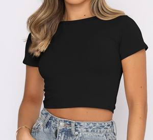 Femmes mignon à la mode haut court basique serré exposé nombril chemise encolure dégagée à manches courtes haut de travail pour adolescentes mode d'été - Product Image 2