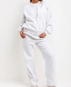 เสื้อสเวตเตอร์บอมเบอร์แบบมีซิปคอกลมแขนยาวโชว์ไหล่กางเกงเอวสูงขาตรง - Product Image 6