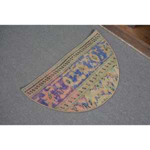 Alfombra Turca Redonda Vintage de 2,5x1,5 pies (75x45 cm), Alfombra Azul a Rayas - Product Image 4