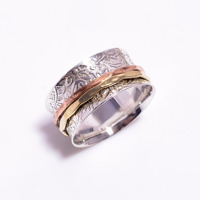 Large bague de fileuse Unique en argent Sterling 925, bracelet de Spinning en cuivre et laiton, belle Texture de feuille et de fleurs