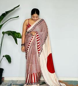 Sari Exclusivo Tradicional de la India de Seda Satén con Estampado Digital, Elegante Ropa de Fiesta y Boda para Novia, Boutique India Más Buscada - Product Image 2