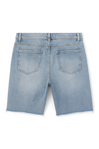 Short en jean taille moyenne personnalisé pour femmes en gros, denim rigide de 10oz, délavé bleu clair, ourlet brut - Product Image 2