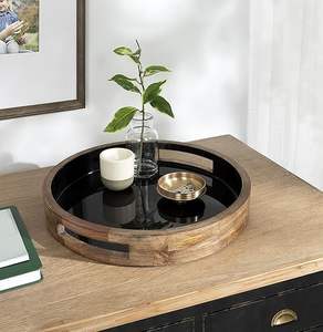 Plateau d'appoint rond moderne de 15 pouces en bois naturel et noir écologique pour la décoration de la ferme - Product Image 1