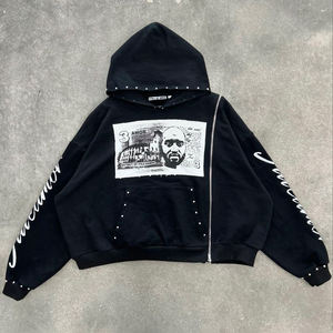 เสื้อมีฮู้ดโครเมี่ยมหัวใจสำหรับเด็กผู้ชายรุ่นจำกัดเสื้อผ้าคอตตอนแขนปักลายดอกไม้กราฟฟิตี้ - Product Image 1