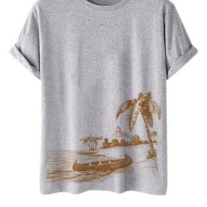 T-shirt graphique personnalisé gris avec motif de plage, bateau marron, palmier et ligne de côte, impression artistique unisexe en coton doux, streetwear décontracté d'été, OEM - Product Image 5
