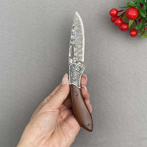 Handmade Damascus Steel Folding Knife with Push <b>Button</b> <b>Wood</b> Handle for BBQ Camping Meat Beef Mutton Sharpening Fruit Skin - Product Image 4