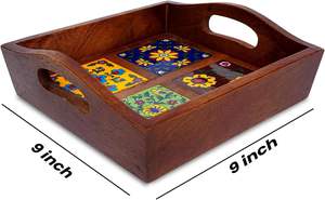 Plateau de service pliable en bois fait à la main avec poignée et carreaux en céramique fleuris pour le petit-déjeuner, le café, les collations, le dîner, le salon - Product Image 5
