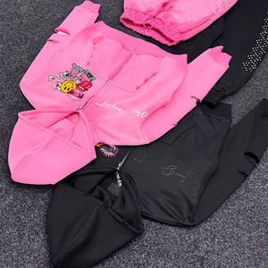 Ensembles de sweat à capuche deux pièces en coton éponge française épais hommes Vintage lavé surdimensionné soleil délavé multi couleur strass survêtements - Product Image 5