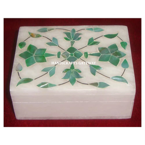 Boîte de rangement pour bijoux belle qualité matériau blanc pur marbre vert nacre incrustation florale de forme rectangulaire - Product Image 1