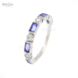 Tanzanite และเพชรชุดกรอบ4x2มม. แท้ครึ่งวงแหวนทอง14K สำหรับเจ้าสาว - Product Image 2
