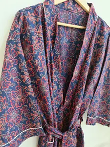 Kimono moderne de luxe en coton à imprimé floral Robe de bain pour femmes Longueur au sol avec volants Taille naturelle de l'exportateur indien - Product Image 5