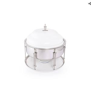 Marmite contemporaine en acier inoxydable argenté avec couvercle et support photophore Réchauffeur de nourriture élégant pour les buffets haut de gamme et les événements hôteliers - Product Image 1