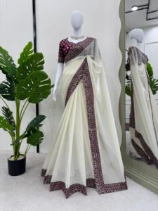 Saree en fausse georgette intemporelle avec de beaux embellissements de fil et de paillettes Royal Faux Ensemble idéal pour les fêtes et les fêtes - Product Image 4