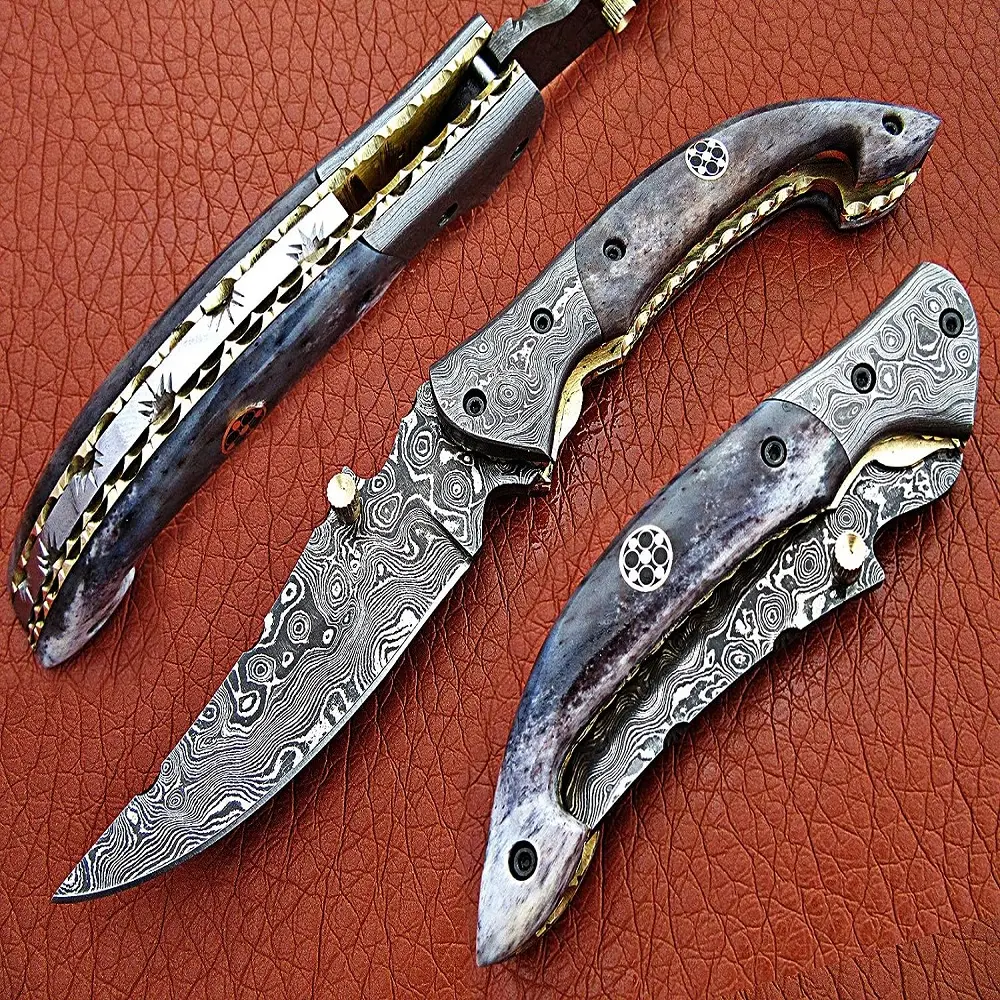 Outdoor New Camping Damascus Steel Blade Folding Knife Pocket Knife Blue Wood Handle with Leather Pouch