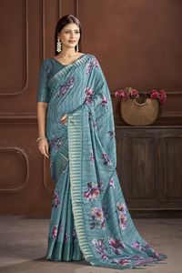 Découvrez l'élégance intemporelle 'Morpankh' nouveau catalogue avec des saris bleus exclusifs Manipuri fleur imprimé indien pakistanais - Product Image 6