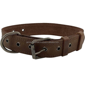 Collar de perro de cuero genuino marrón oscuro cosido en todos los tamaños personalizados con hebilla de rodillo antiguo de latón y anillo - Product Image 1