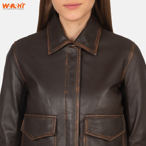 แจ็กเก็ตบอมเบอร์หนังแท้สไตล์วินเทจสีน้ำตาลมีสไตล์สำหรับผู้หญิงเสื้อนอกแบบคลาสสิกลายทึบด้านหน้ามีฝาปิดกระเป๋ามีระบาย - Product Image 4