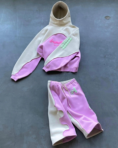 Ensemble de survêtement en coton de haute qualité personnalisé, streetwear, surdimensionné, ensembles de survêtement, patchwork, impression 3D en relief, sweat-shirts et shorts pour hommes - Product Image 1