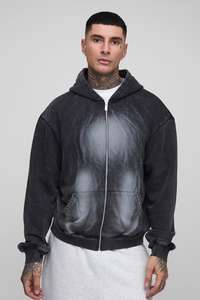 Zip Up Acid Wash With Sun Fade Nueva moda Hombres Otoño Invierno Con capucha Calle Manga larga Color sólido Con capucha Top Sudaderas con capucha - Product Image 2