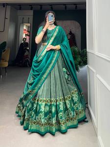 Dernières tendances Tussar robe de mariée en soie semi-cousue imprimé floral et feuille Collection Lehenga Choli - Product Image 3