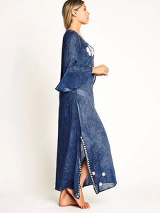 2024 personnalisé dames Style Vintage robe mi-longue élégant imprimé fleuri col en v naturel taille bouton avant écologique nouveau imprimé - Product Image 2