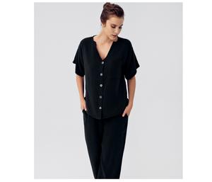 Custom <b>Women's</b> Sleepwear <b>Lounge</b> Wear Two Piece Set Summer <b>Women's</b> Home Wear Muslin Spaghetti Strap Cotton Pajama Nightwear Black - Product Image 4