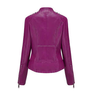 Chaquetas de mujer de cuero Magenta Slim Fit Moto estilo tachonado hombros asimétrico Zip Biker prendas de vestir exteriores con bolsillos con cremallera - Product Image 2
