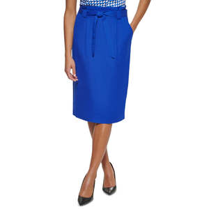 Gonna a tubino Calvin Klein da donna blu con cintura, taglia 14 Petite, vita regolabile, in lana, spandex e nylon, ricamata, stile semplice - Product Image 1