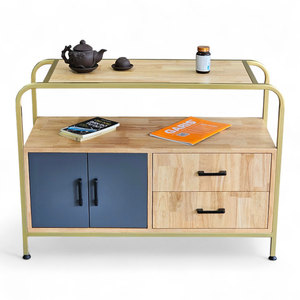 Vitrina de Madera Natural KTB68133 con Marco de Hierro, 3 Compartimentos, Puertas Planas - Estilo Minimalista de Lujo para Sala de Estar - Product Image 1