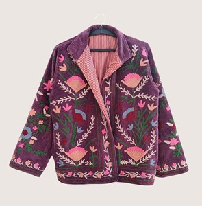 <b>Purple</b> Velvet Embroidered Floral Open Front Coat Plus Size Women's Bohemian Casual Full Sleeve Winter Outerwear - Product Image 3
